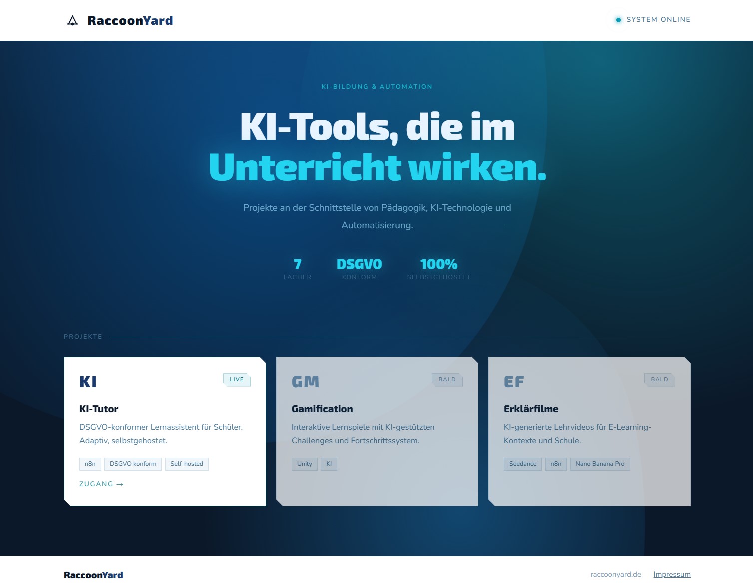 RaccoonYard Landingpage des KI-Tutors